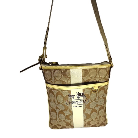 Coach Signature Jacquard Crossbody Bag Purse Tan Brown Butter Yellow Stripe Logo - Picture 1 of 11